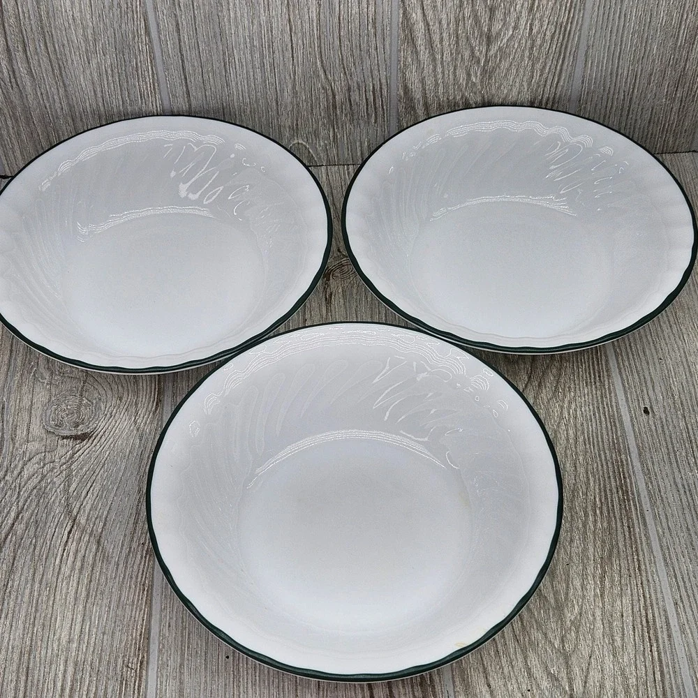 Corelle Callaway Ivy Green Rim White Swirl Soup Cereal Bowls Set of 3 USA